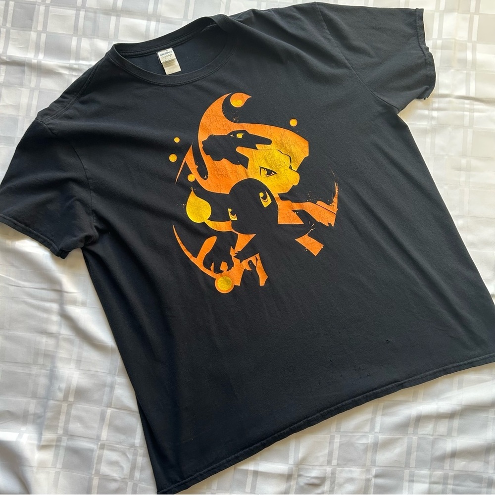 Gildan Black Charmander evolving into Charmeleon and Charizard Pokemon T-shirt
